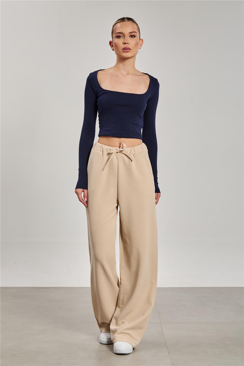 Kadın Beli İpli Bol Paça Pantolon - Taş Rengi