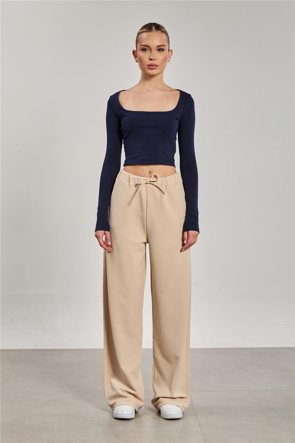 Kadın Beli İpli Bol Paça Pantolon - Taş Rengi