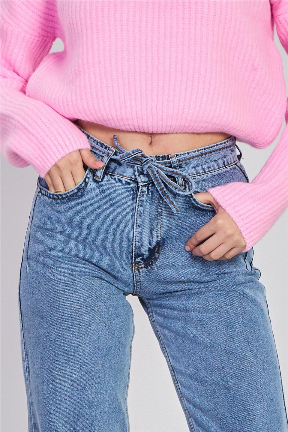 Kadın Beli İpli Palazzo Jean Pantolon - Mavi Kar