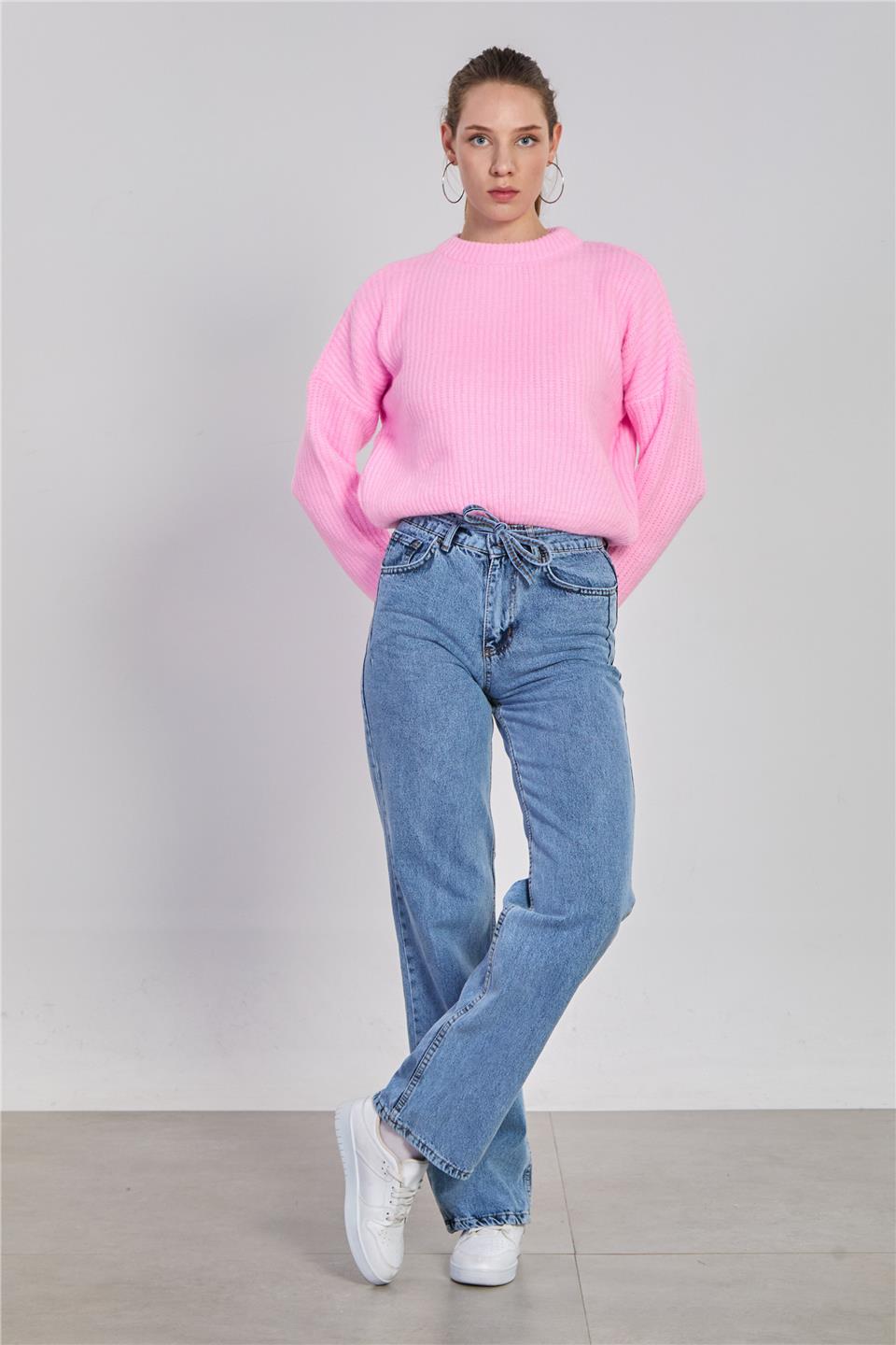 Kadın Beli İpli Palazzo Jean Pantolon - Mavi Kar