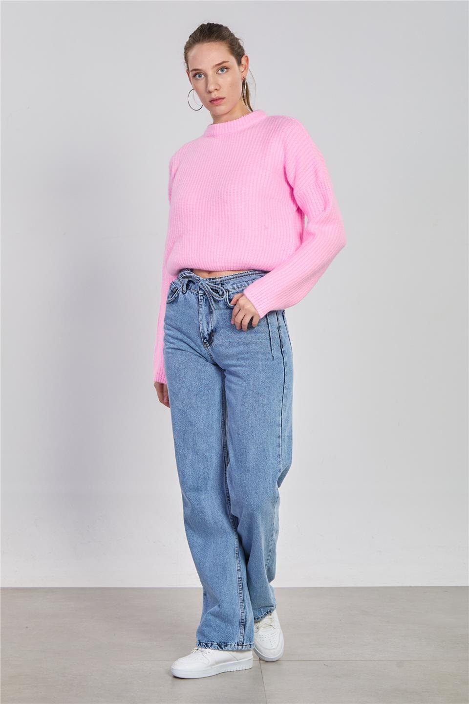 Kadın Beli İpli Palazzo Jean Pantolon - Mavi Kar