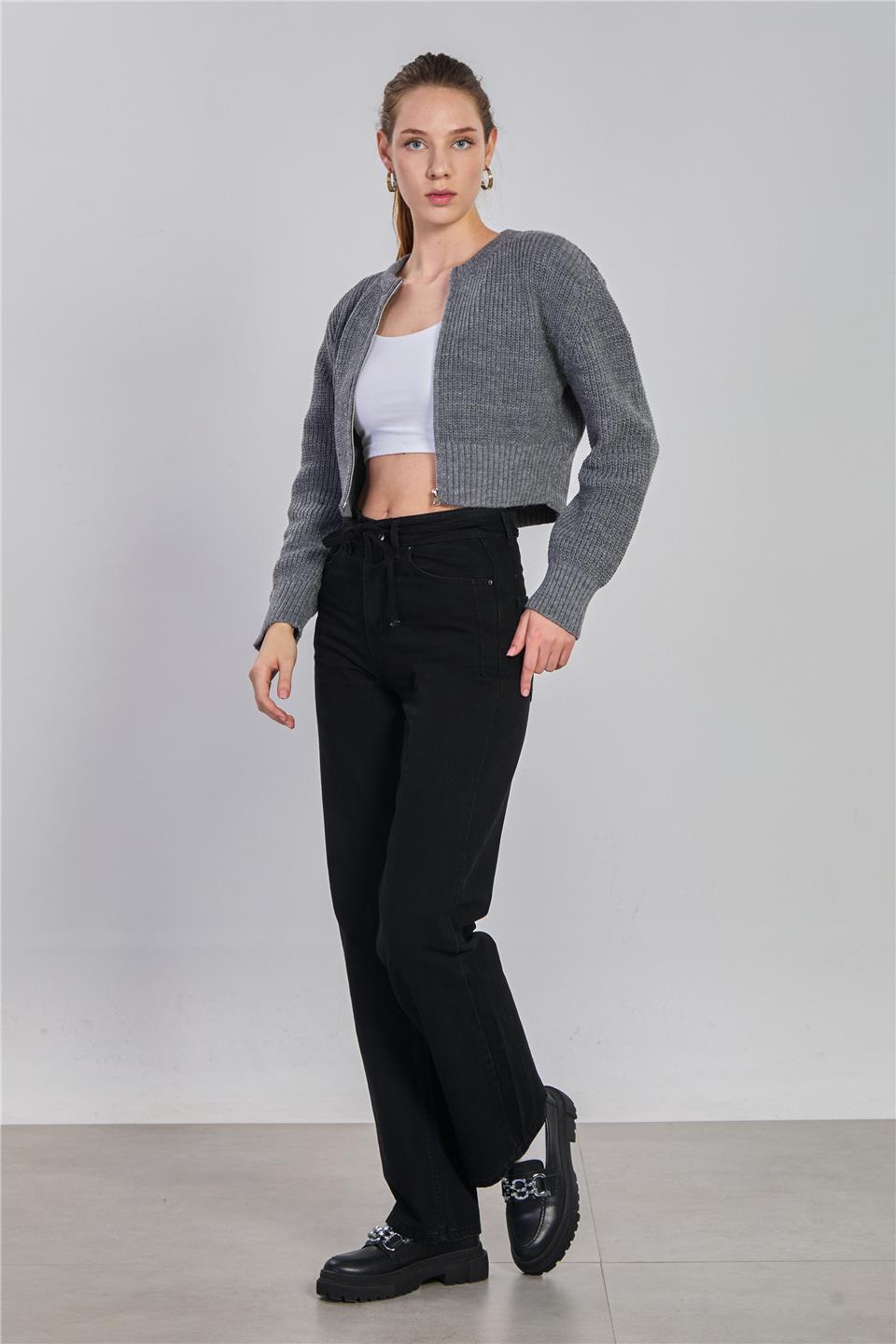 Kadın Beli İpli Palazzo Jean Pantolon - Siyah
