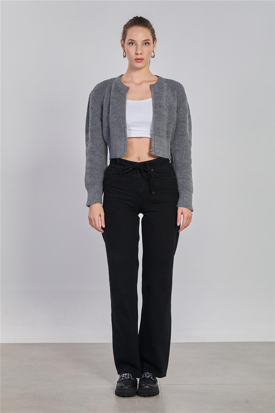 Kadın Beli İpli Palazzo Jean Pantolon - Siyah