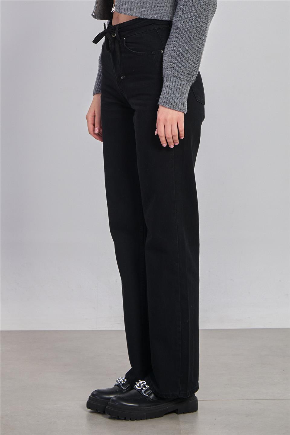 Kadın Beli İpli Palazzo Jean Pantolon - Siyah