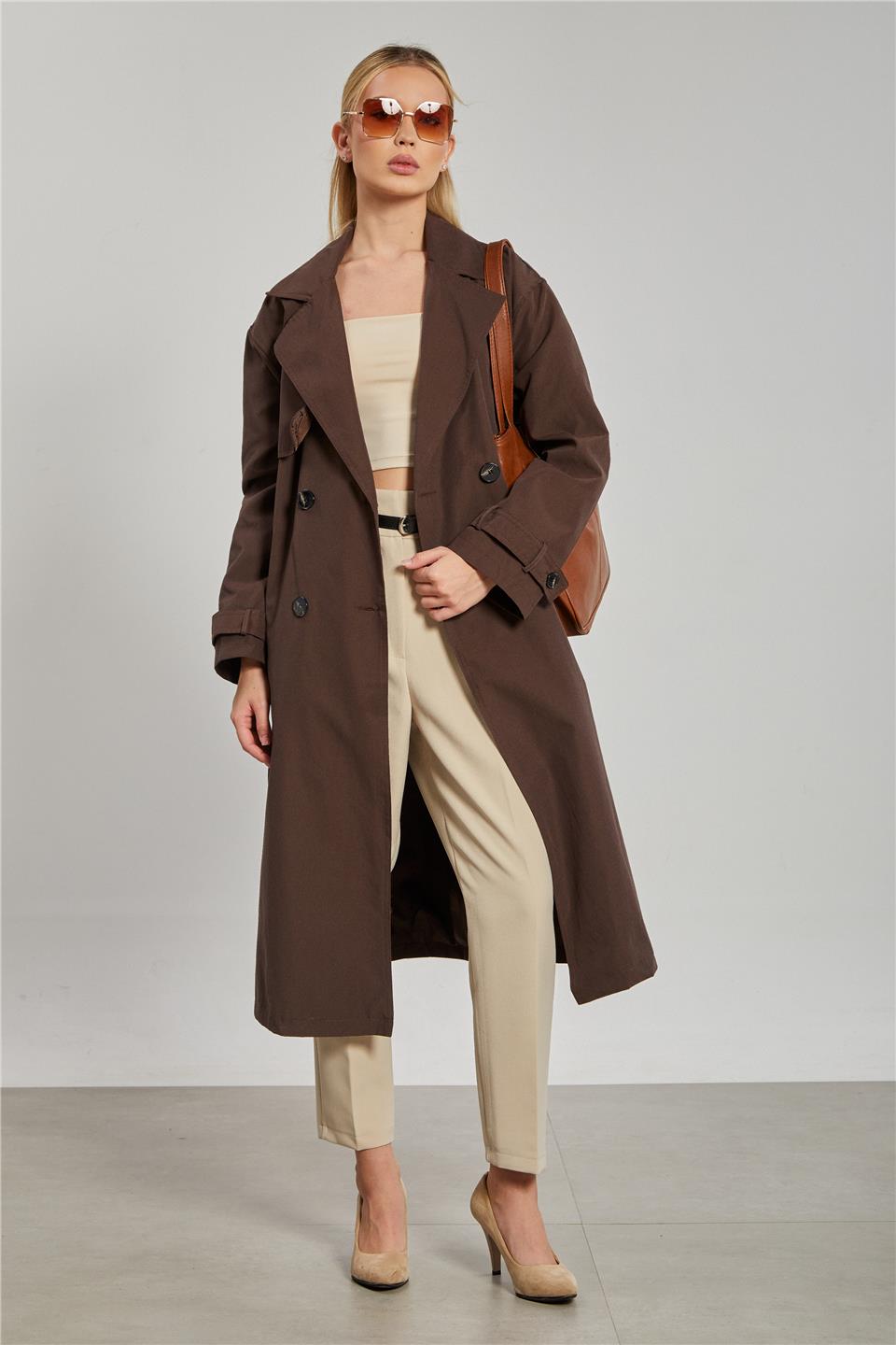 Kadın Beli Kuşaklı Dört Düğmeli Uzun Trençkot - Kahve
