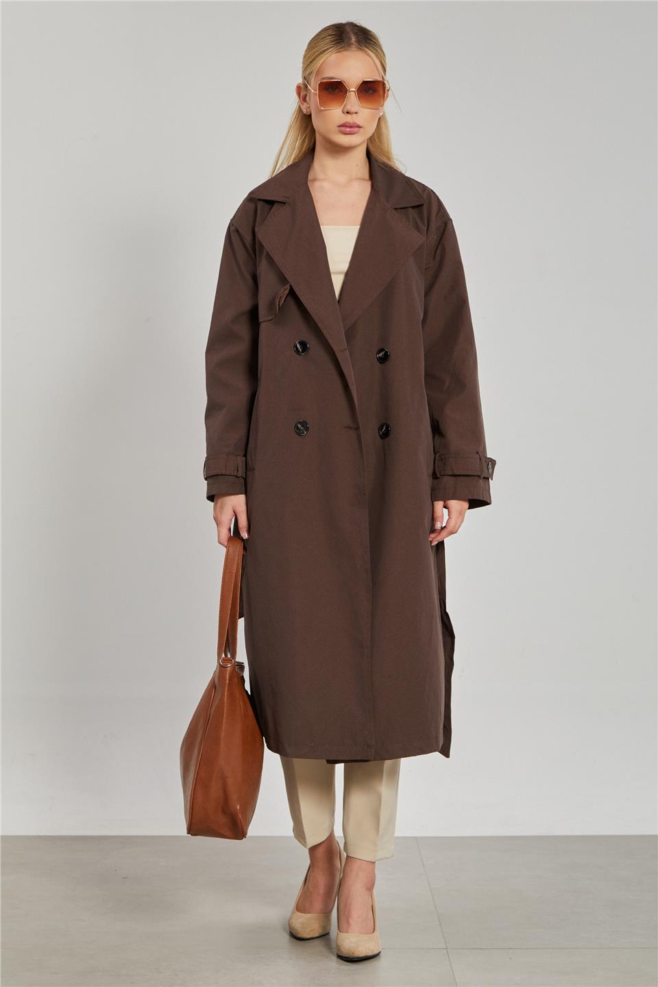 Kadın Beli Kuşaklı Dört Düğmeli Uzun Trençkot - Kahve