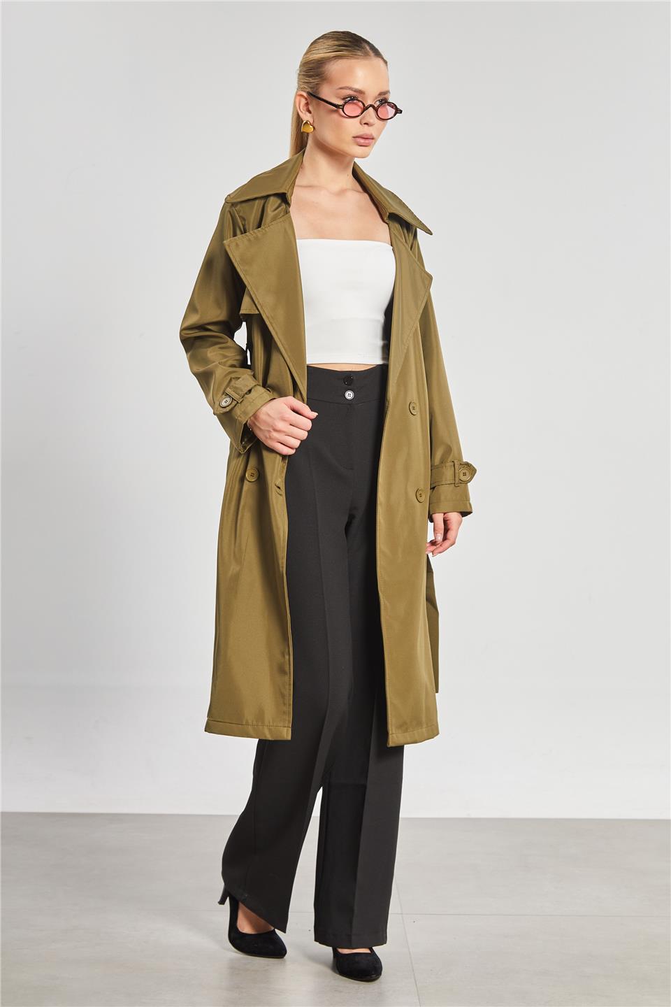 Beli Kuşaklı Düğmeli Kadın Uzun Trençkot - Haki