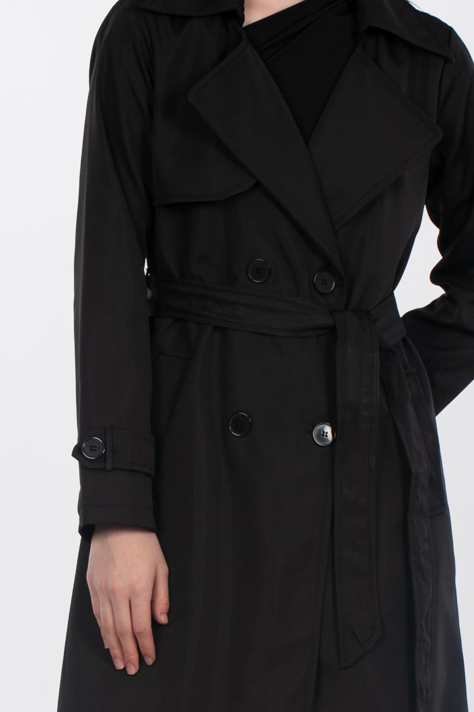 Beli Kuşaklı Düğmeli Uzun Trençkot - Siyah
