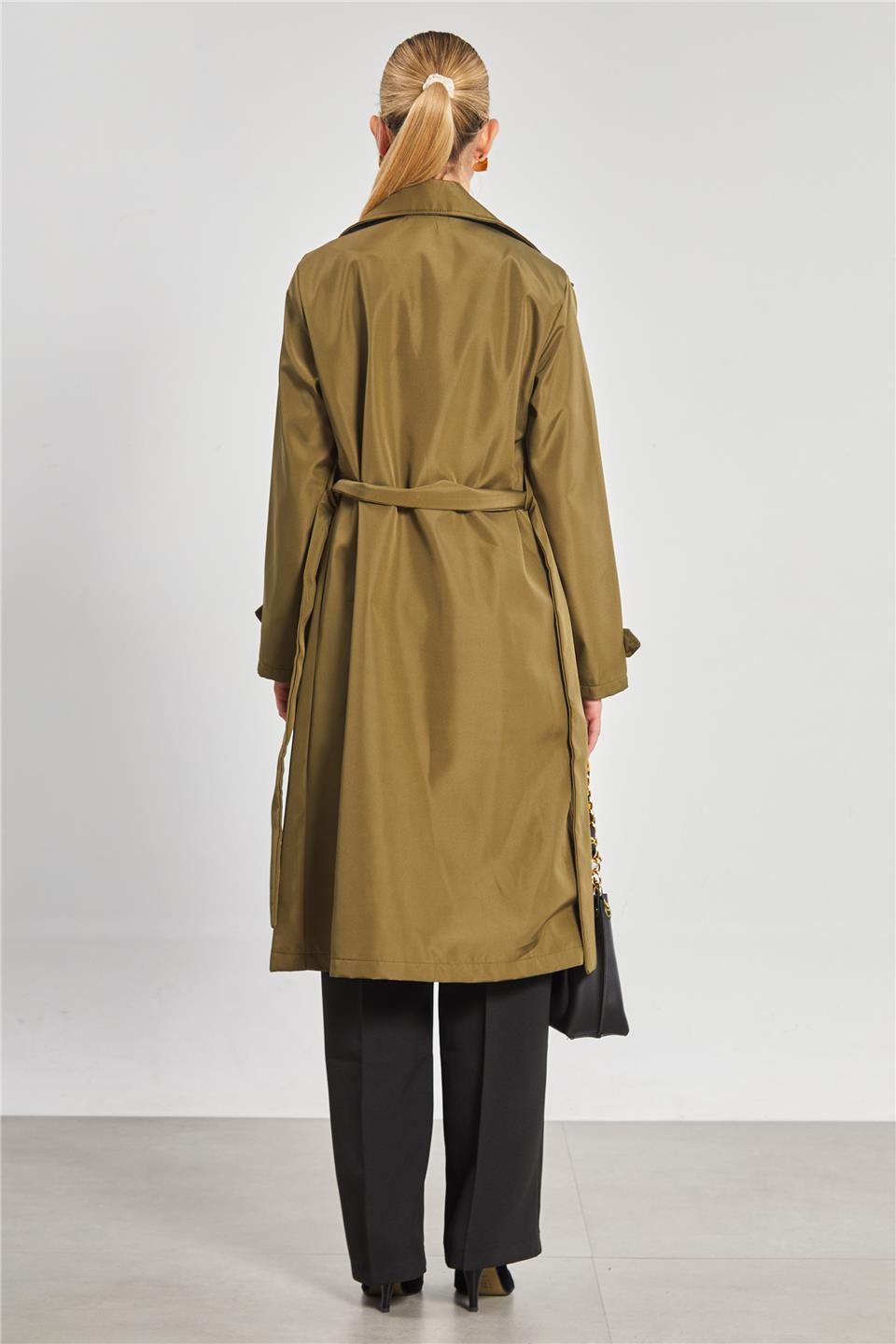 Beli Kuşaklı Düğmeli Kadın Uzun Trençkot - Haki