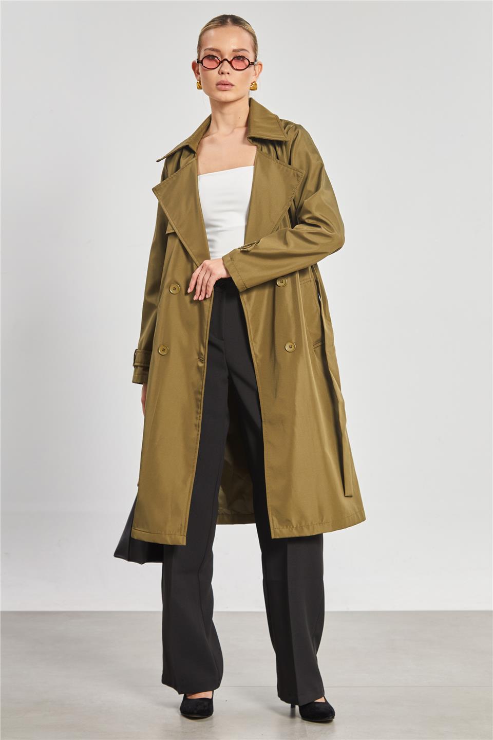 Beli Kuşaklı Düğmeli Kadın Uzun Trençkot - Haki