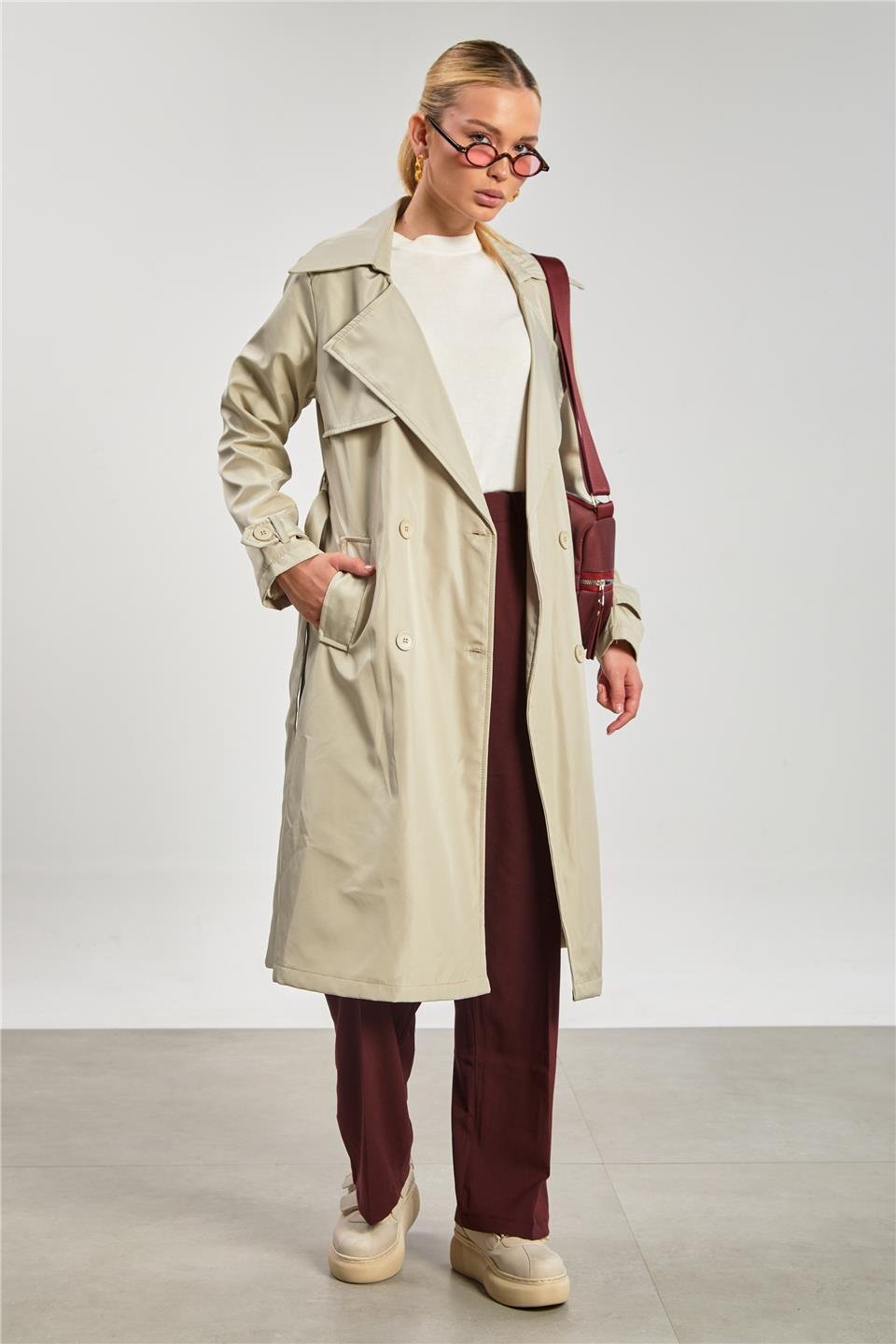 Beli Kuşaklı Düğmeli Uzun Trençkot - Taş