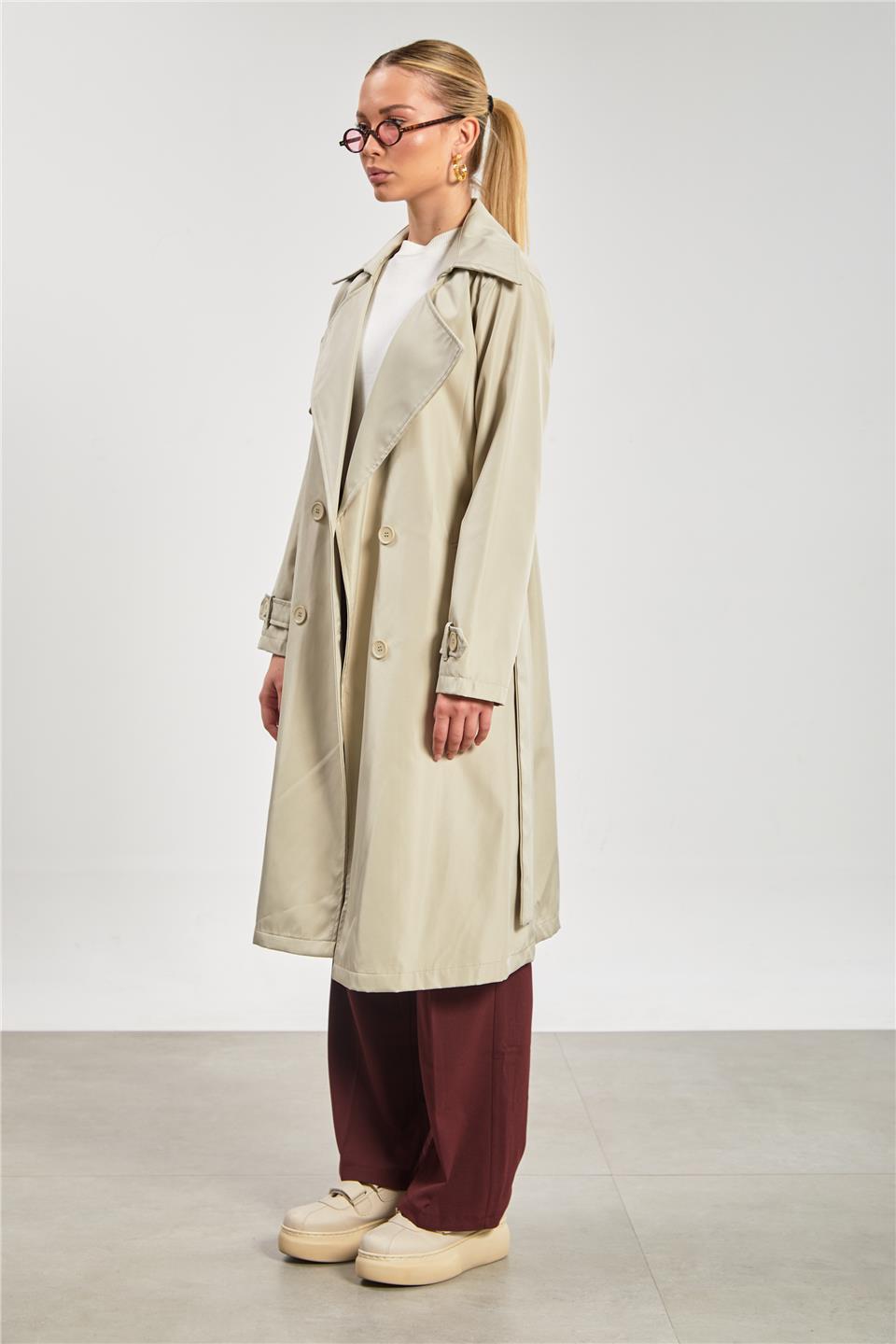 Beli Kuşaklı Düğmeli Uzun Trençkot - Taş