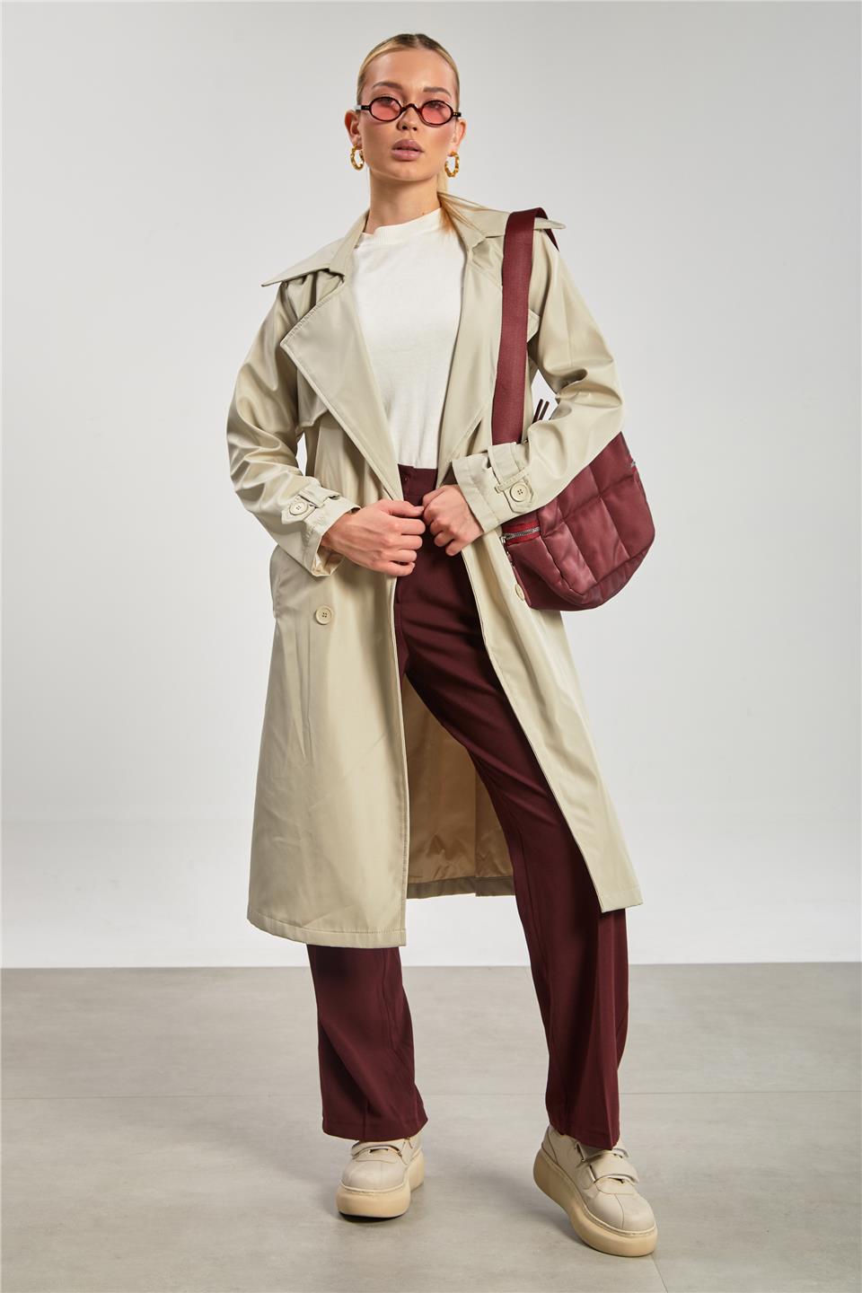 Beli Kuşaklı Düğmeli Uzun Trençkot - Taş