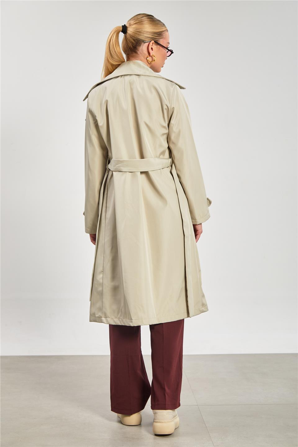 Beli Kuşaklı Düğmeli Uzun Trençkot - Taş