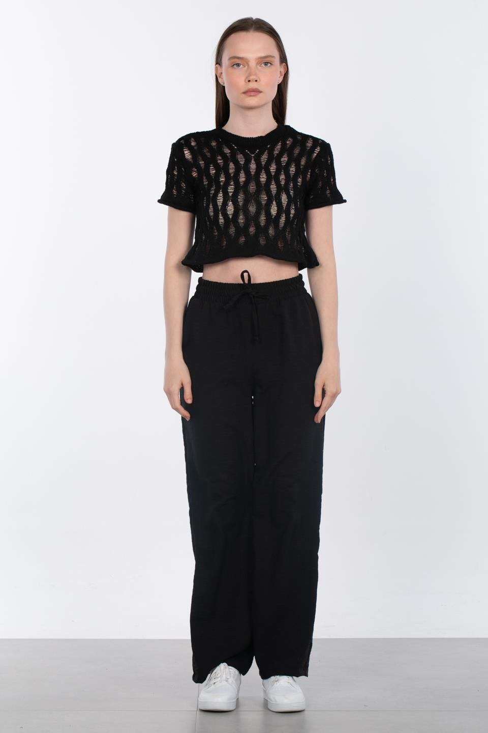 Beli Lastikli Bol Paça Pantolon - Siyah