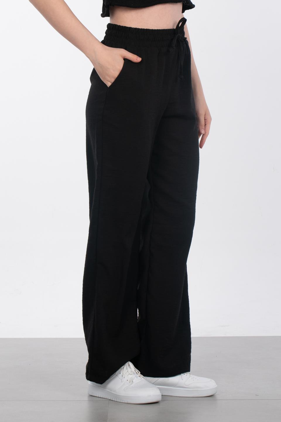 Beli Lastikli Bol Paça Pantolon - Siyah