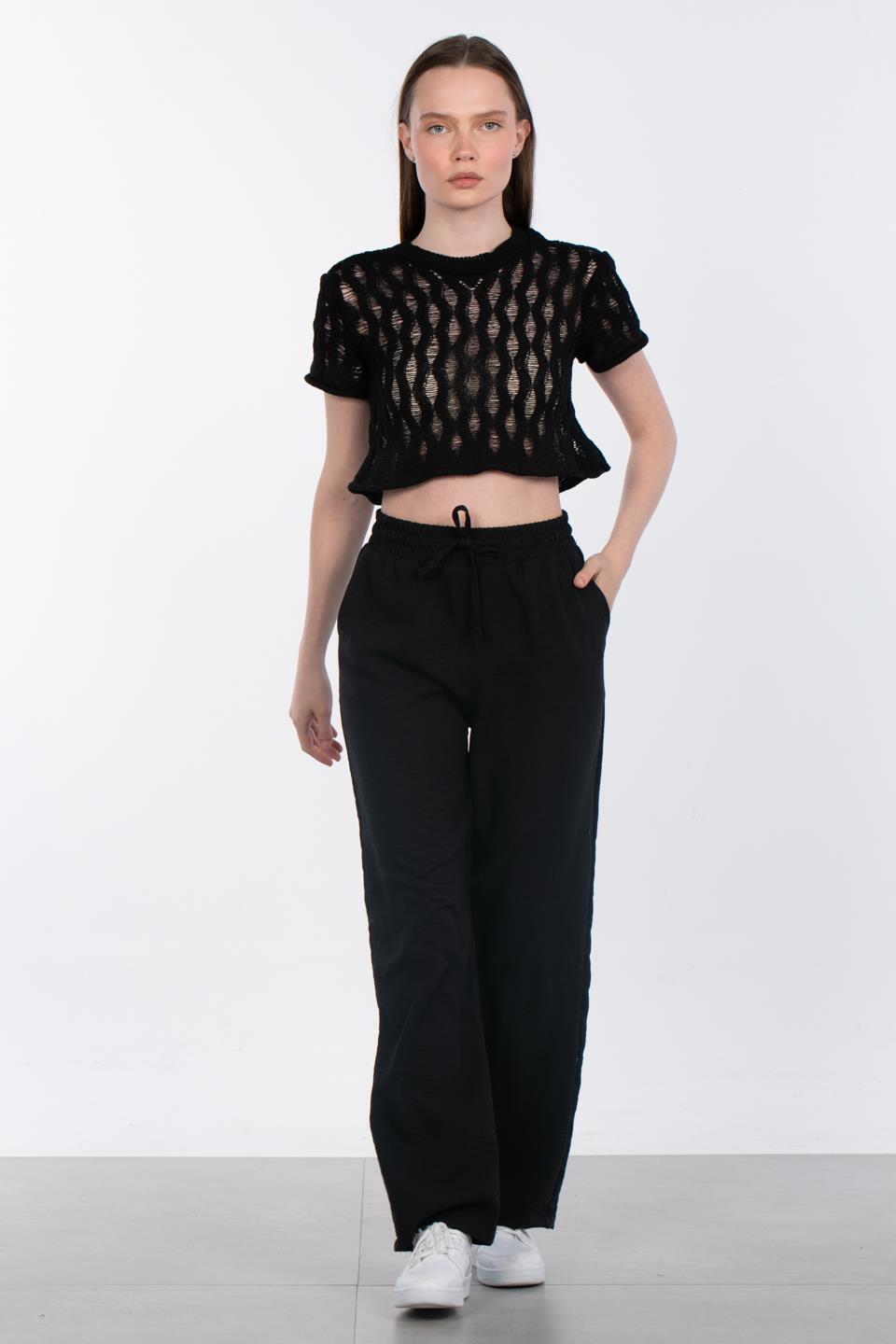 Beli Lastikli Bol Paça Pantolon - Siyah