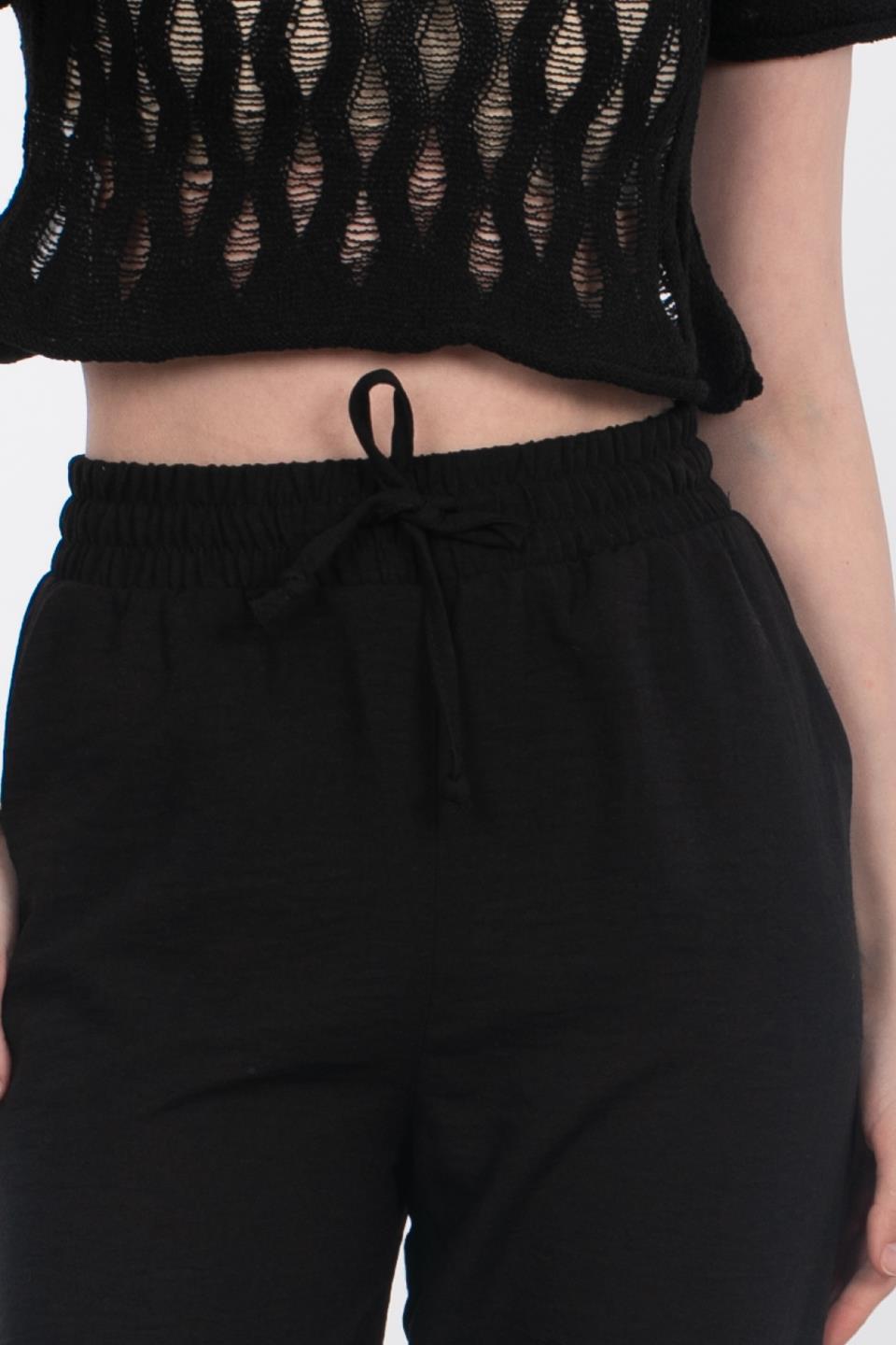 Beli Lastikli Bol Paça Pantolon - Siyah