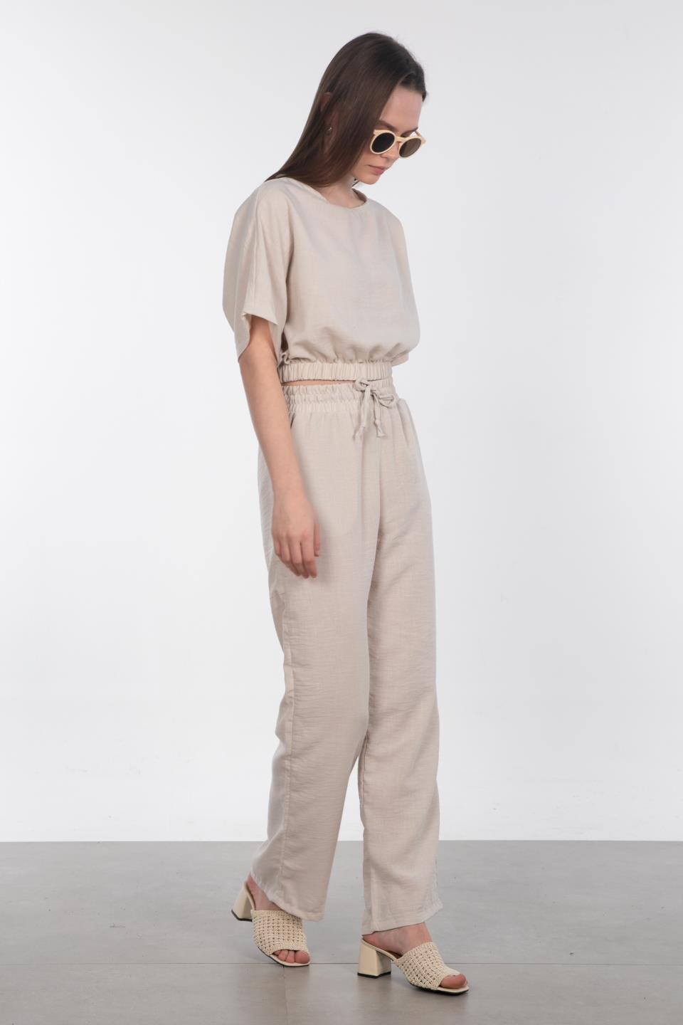 Beli Lastikli Bol Paça Pantolon - Taş