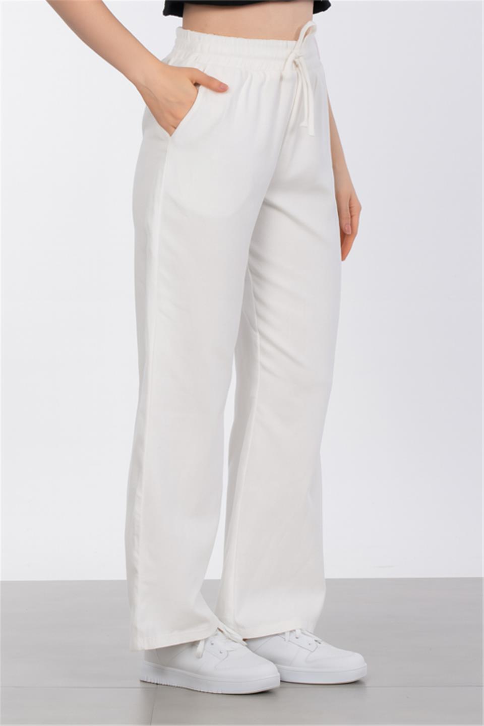 Kadın Beli Lastikli Bol Paça Pantolon - Beyaz
