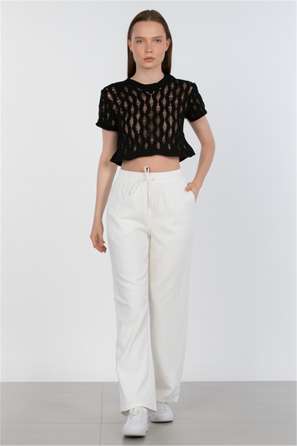 Kadın Beli Lastikli Bol Paça Pantolon - Beyaz