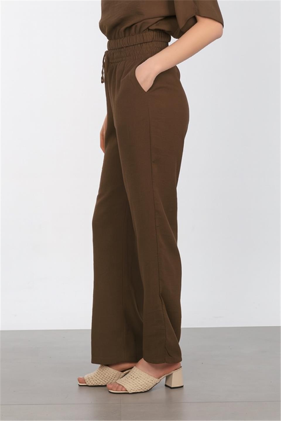 Kadın Beli Lastikli Bol Paça Pantolon - Kahve