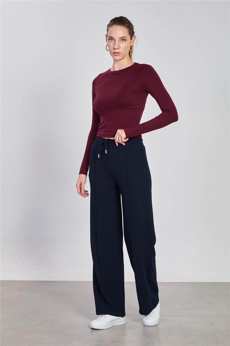 Kadın Beli Çimalı Bol Pantolon - Lacivert