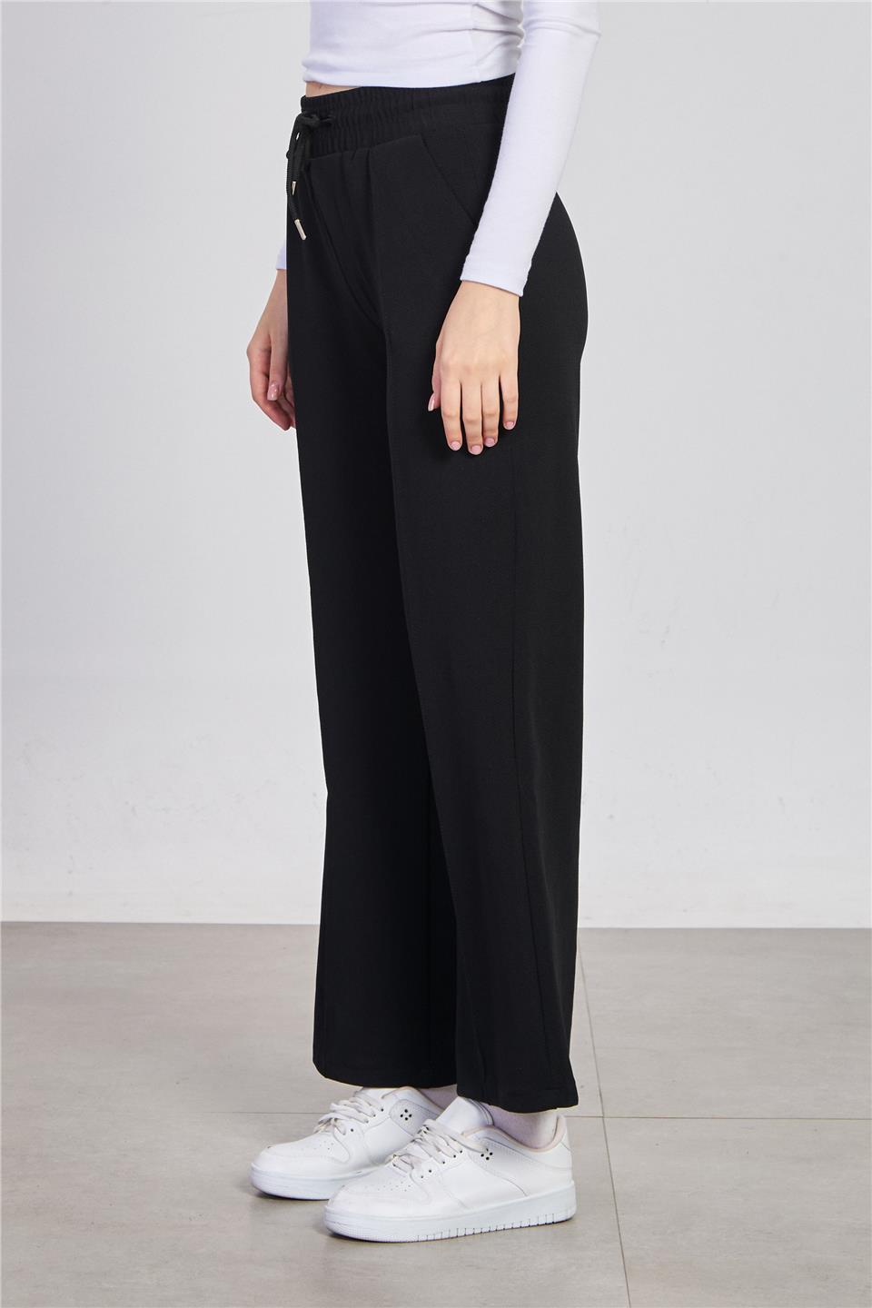 Kadın Beli Çimalı Bol Pantolon - Siyah