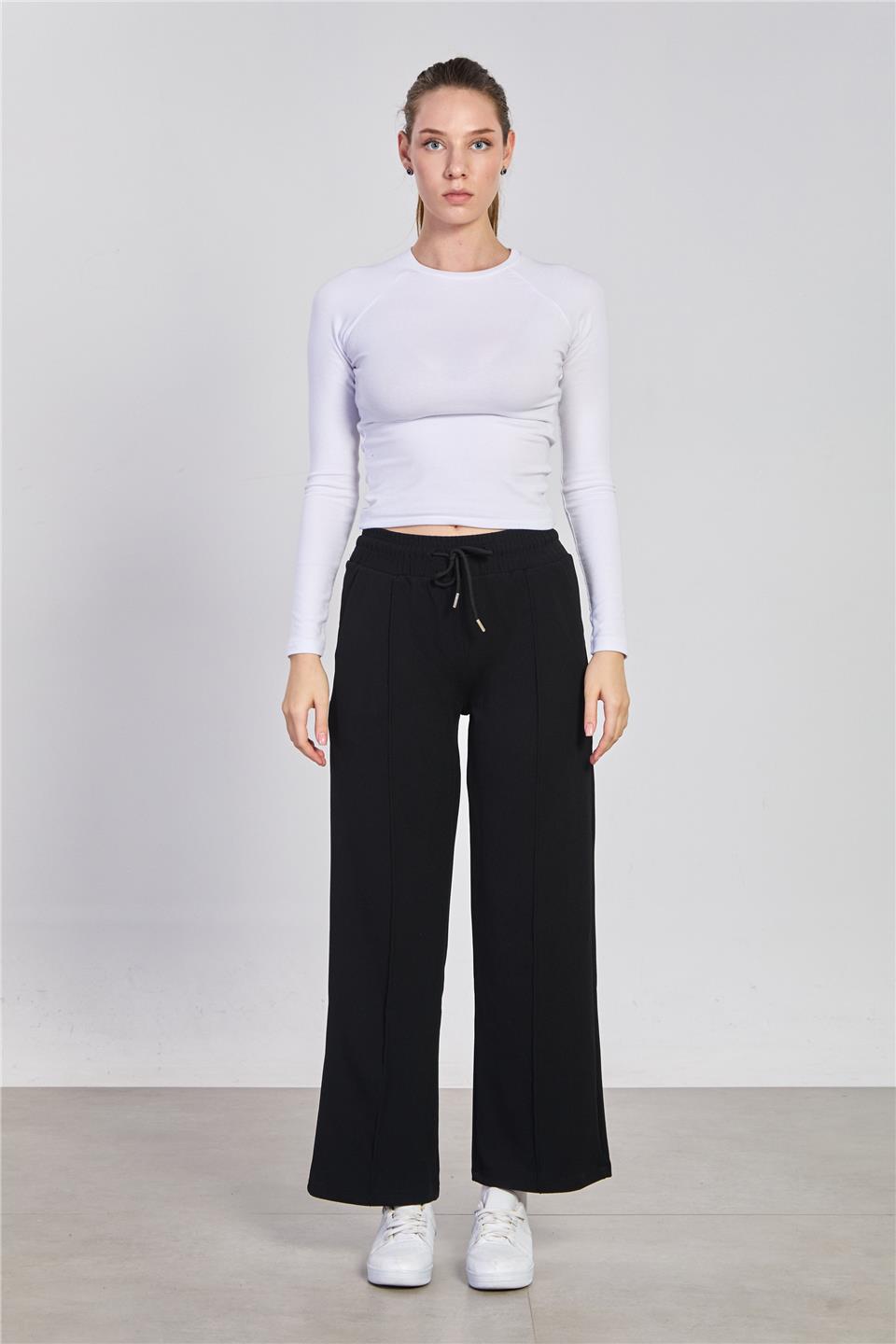 Kadın Beli Çimalı Bol Pantolon - Siyah