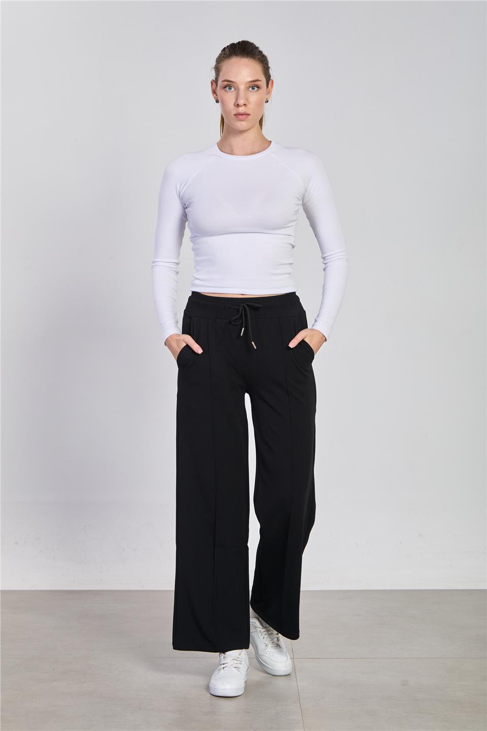 Kadın Beli Çimalı Bol Pantolon - Siyah