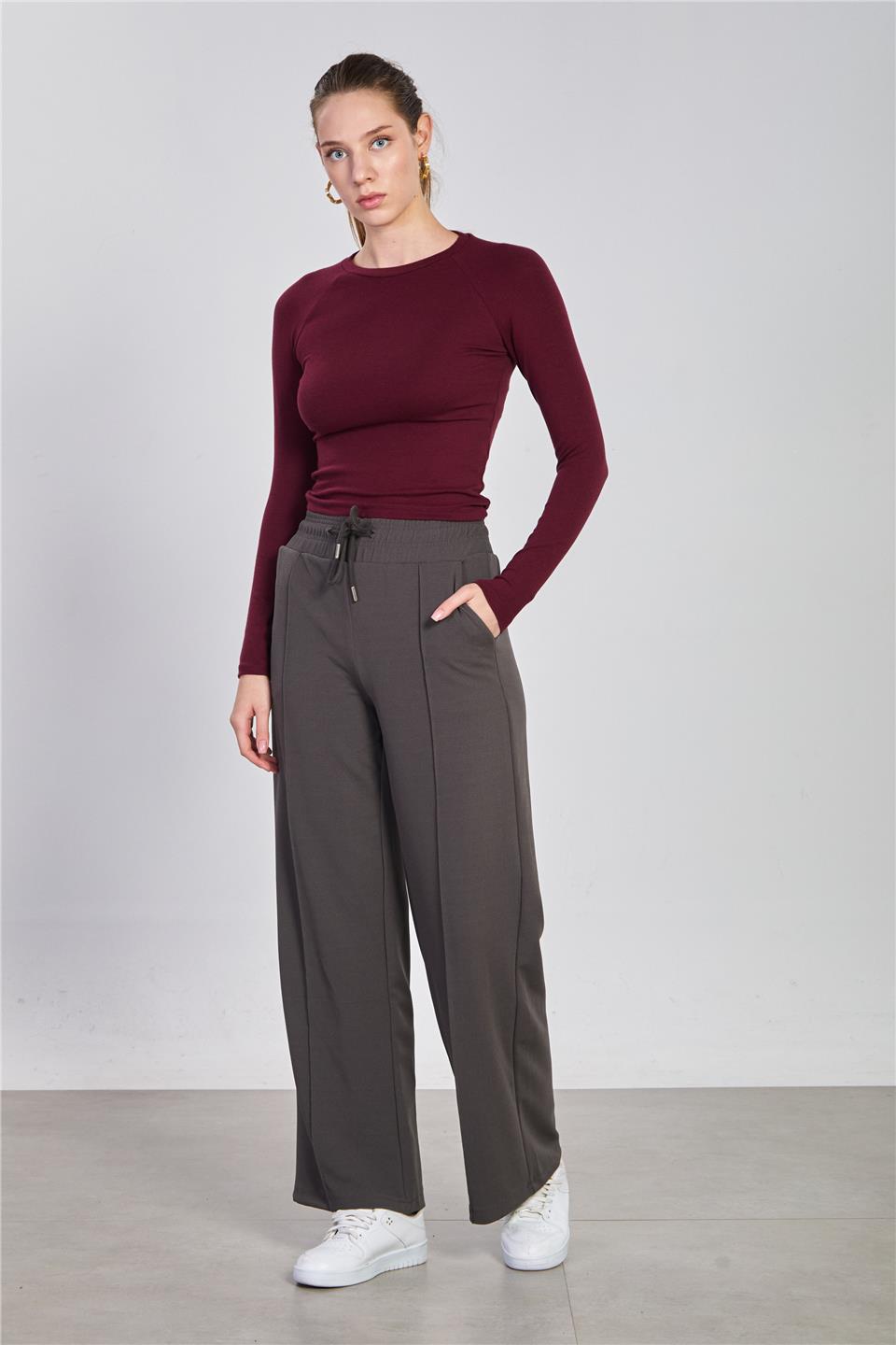Kadın Beli Çimalı Bol Pantolon - Antrasit