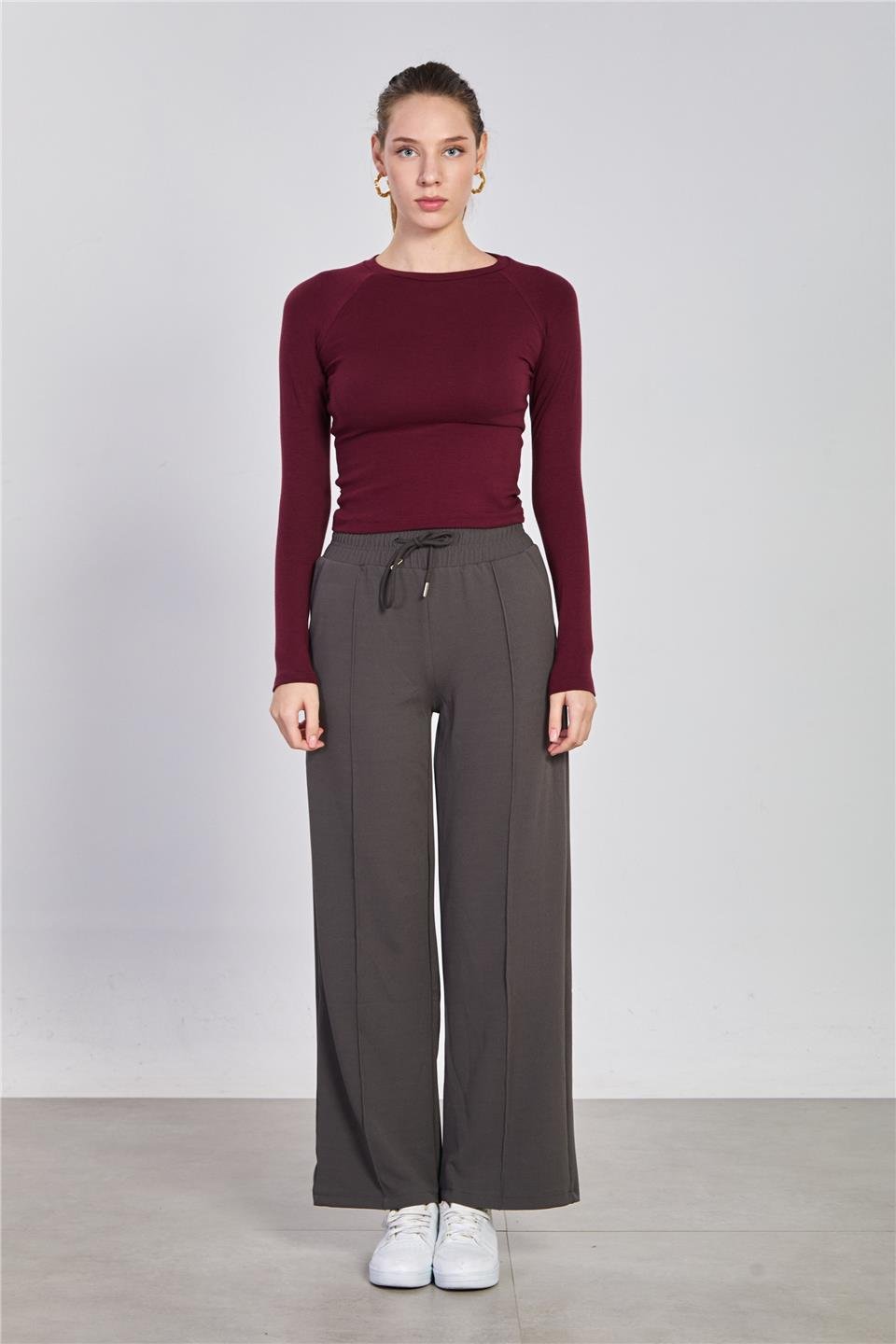 Kadın Beli Çimalı Bol Pantolon - Antrasit
