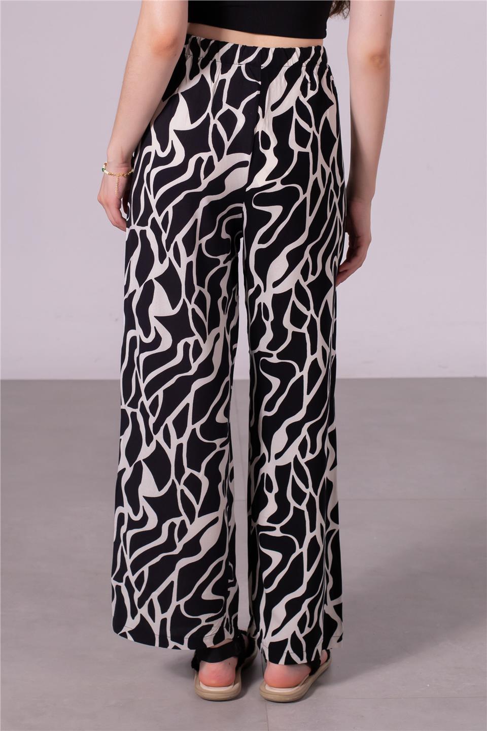 Kadın Beli Lastikli Desenli Pantolon - Beyaz/Siyah