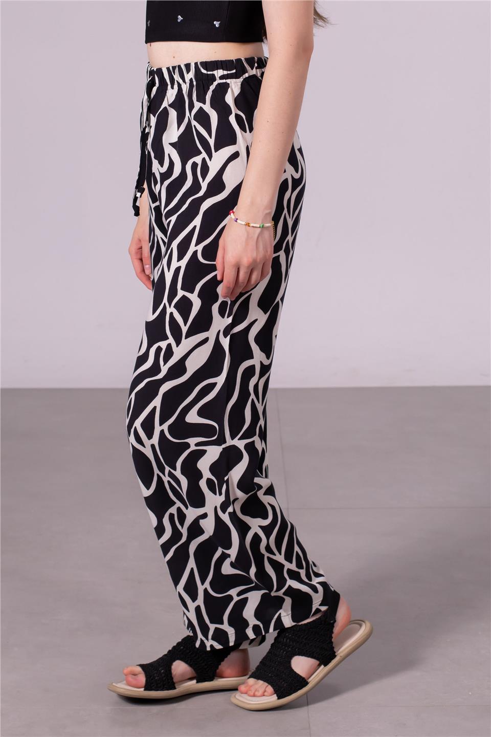 Kadın Beli Lastikli Desenli Pantolon - Beyaz/Siyah