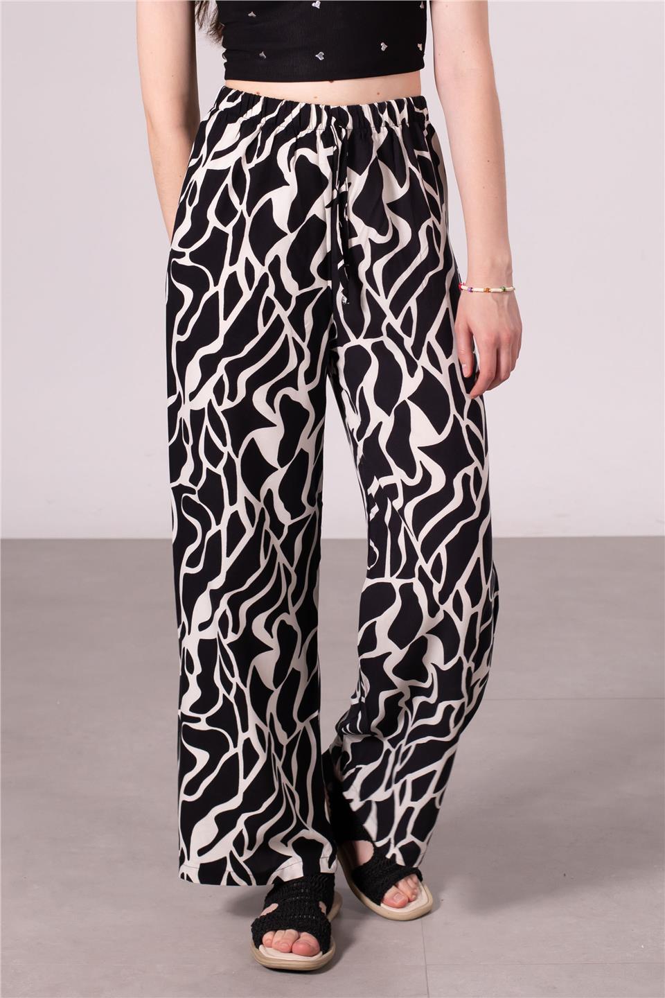 Kadın Beli Lastikli Desenli Pantolon - Beyaz/Siyah