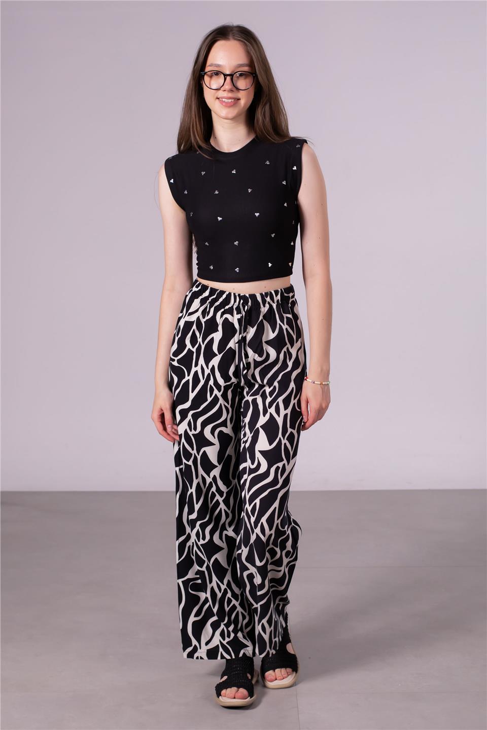 Kadın Beli Lastikli Desenli Pantolon - Beyaz/Siyah