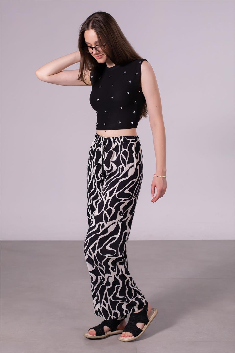 Kadın Beli Lastikli Desenli Pantolon - Beyaz/Siyah