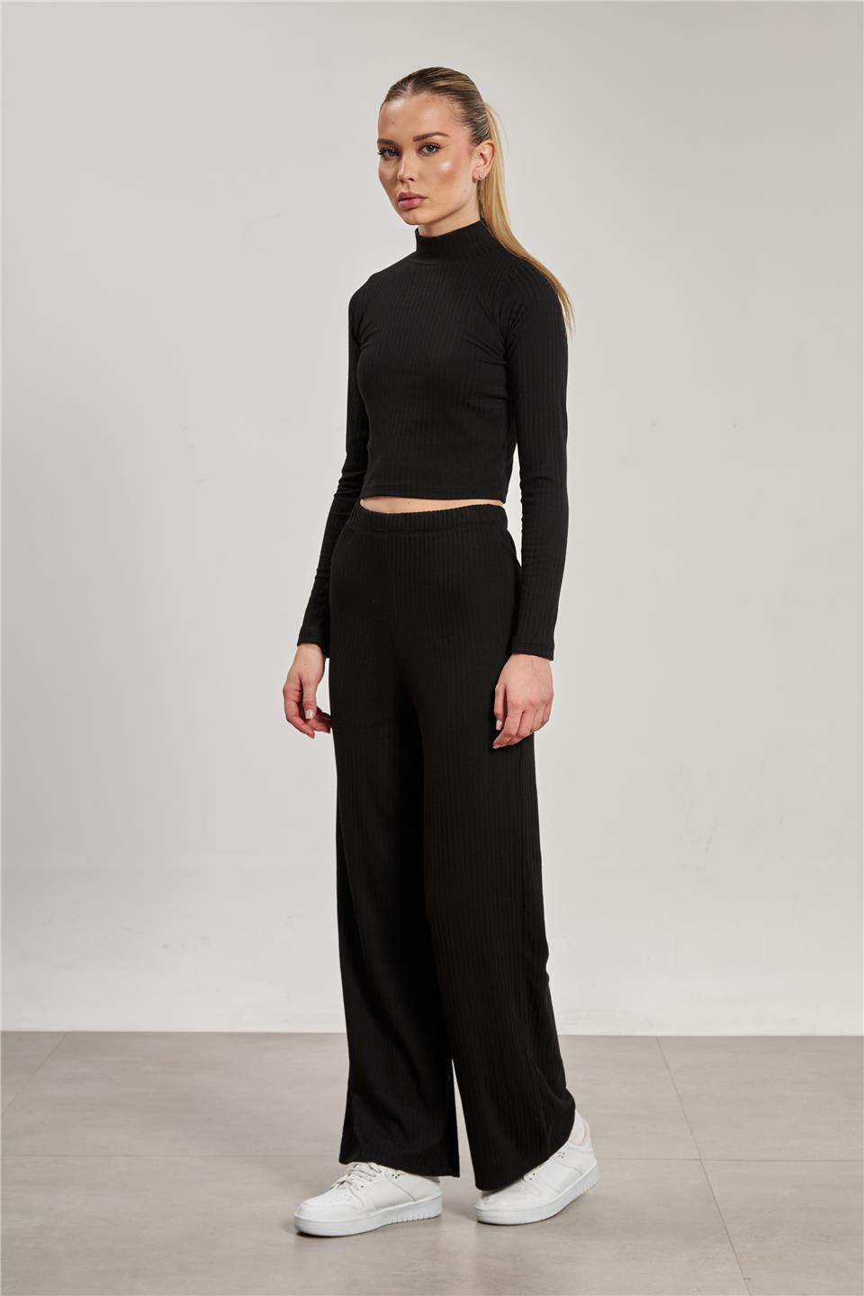 Kadın Beli Lastikli Fitilli Bol Pantolon - Siyah