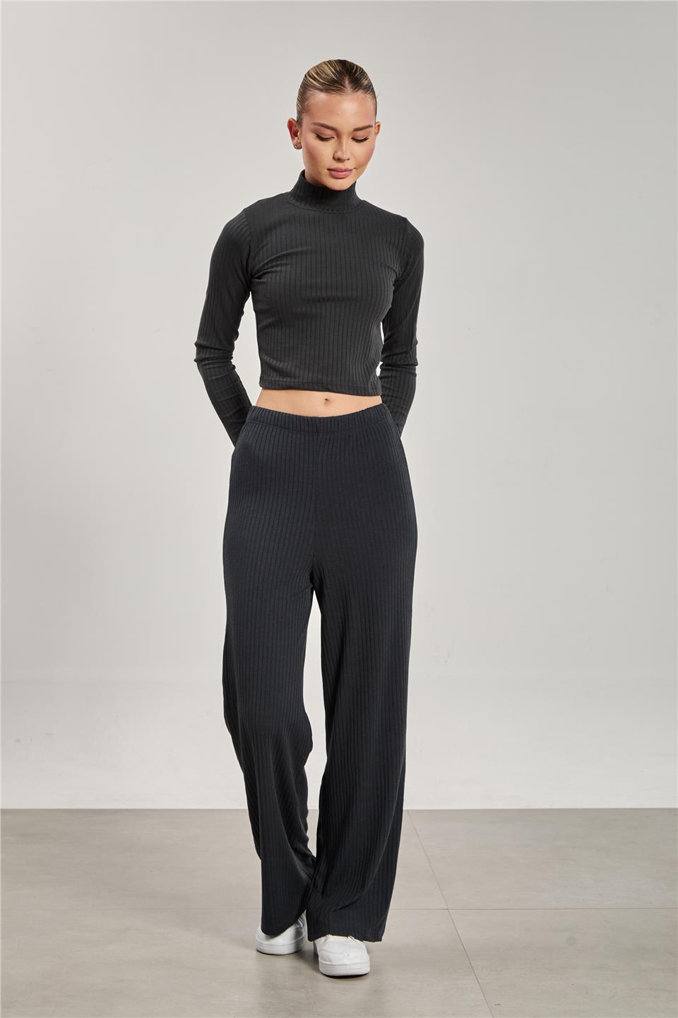 Kadın Beli Lastikli Fitilli Bol Pantolon - Antrasit 