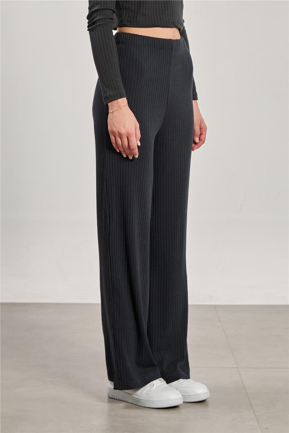 Kadın Beli Lastikli Fitilli Bol Pantolon - Antrasit 