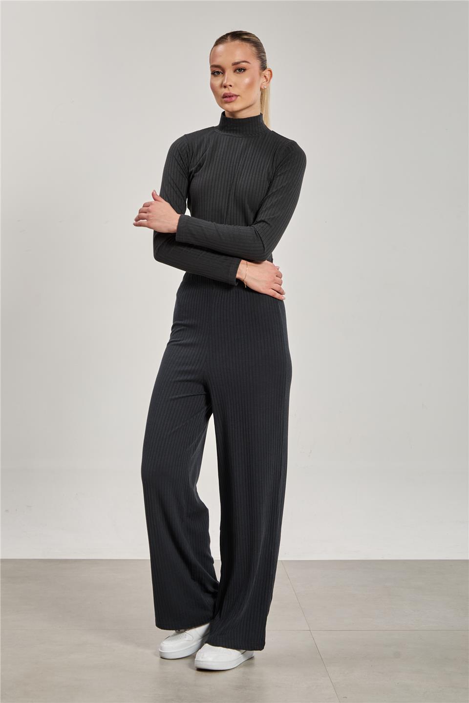 Kadın Beli Lastikli Fitilli Bol Pantolon - Antrasit 