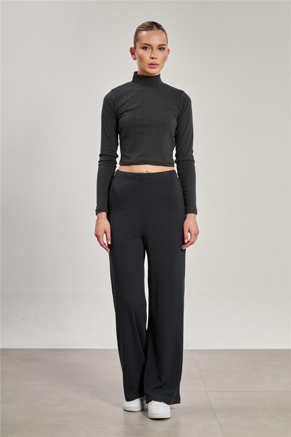 Kadın Beli Lastikli Fitilli Bol Pantolon - Antrasit 