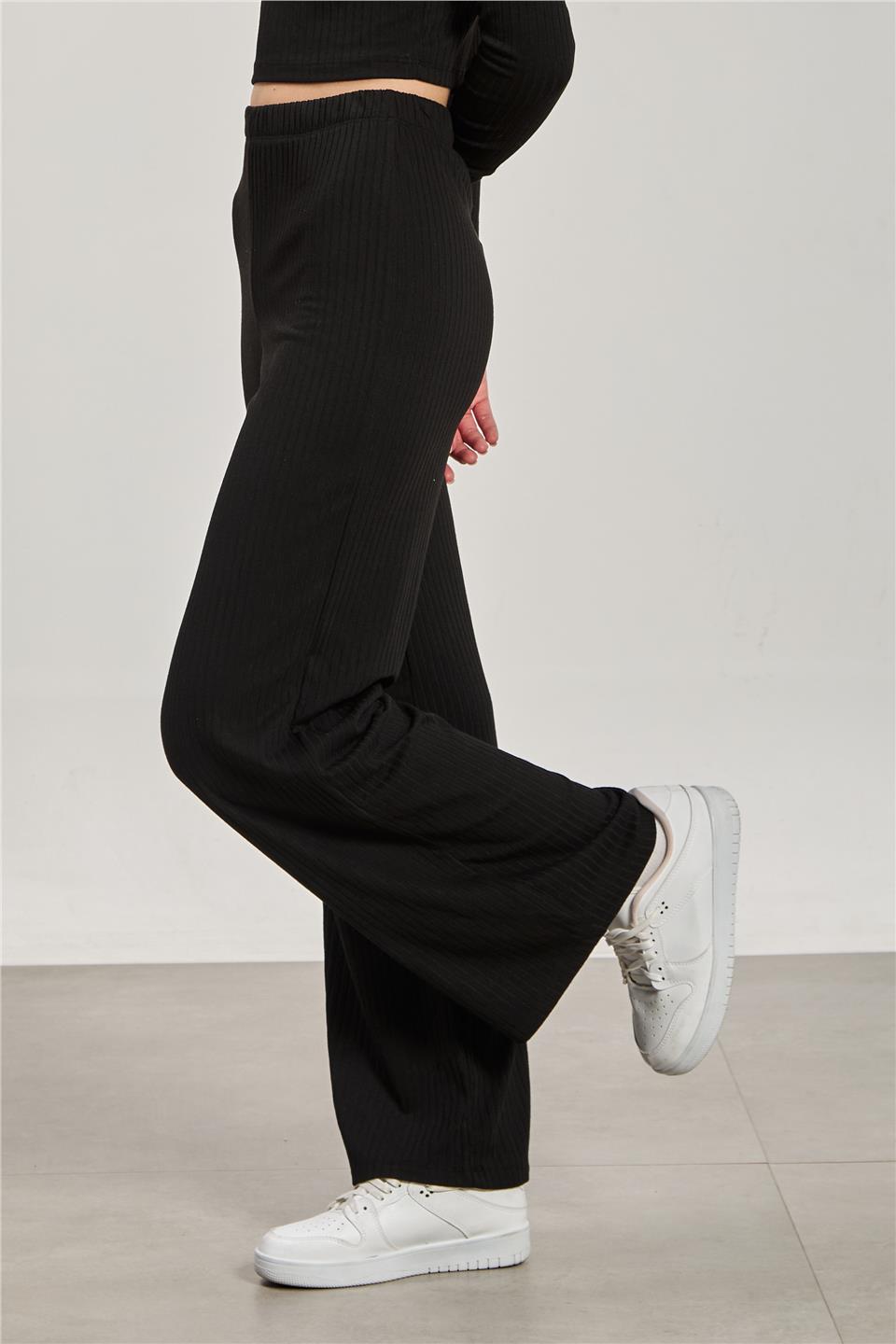 Kadın Beli Lastikli Fitilli Bol Pantolon - Siyah