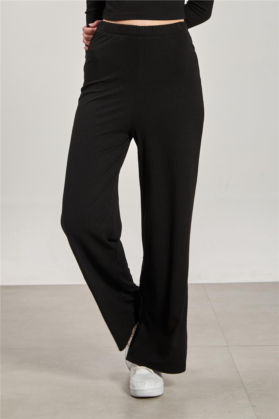 Kadın Beli Lastikli Fitilli Bol Pantolon - Siyah