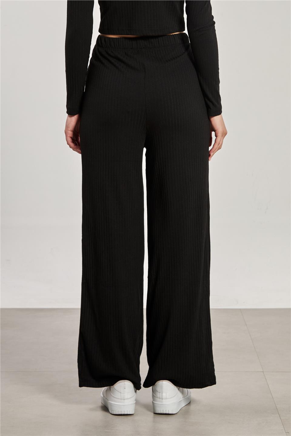 Kadın Beli Lastikli Fitilli Bol Pantolon - Siyah