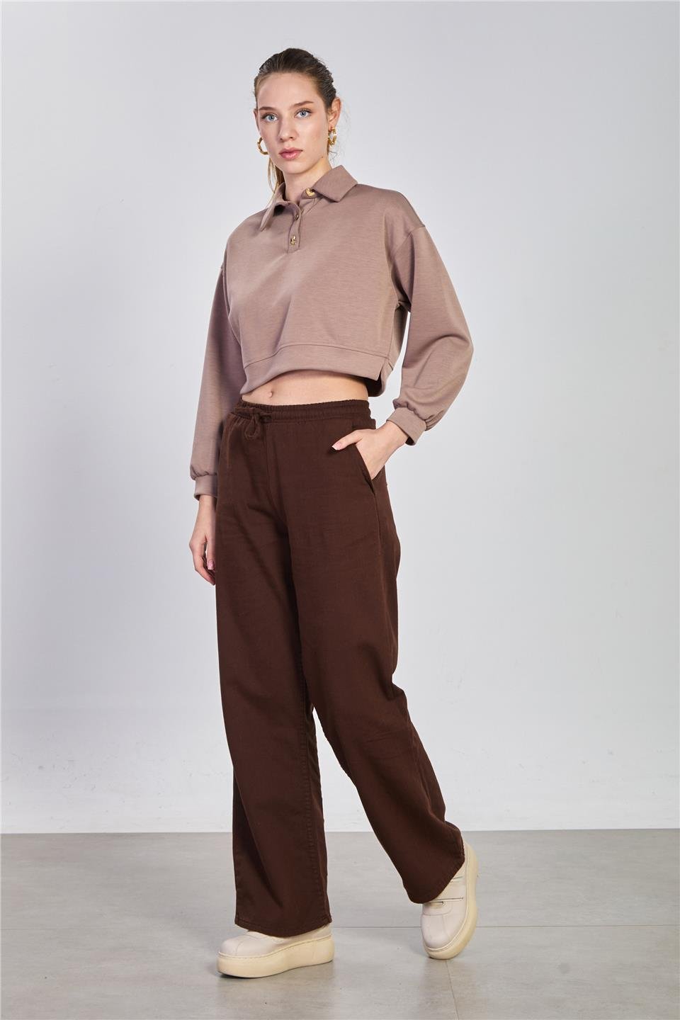 Kadın Beli Lastikli Gabardin Bol Pantolon - Kahve