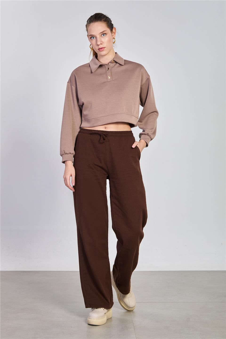 Kadın Beli Lastikli Gabardin Bol Pantolon - Kahve