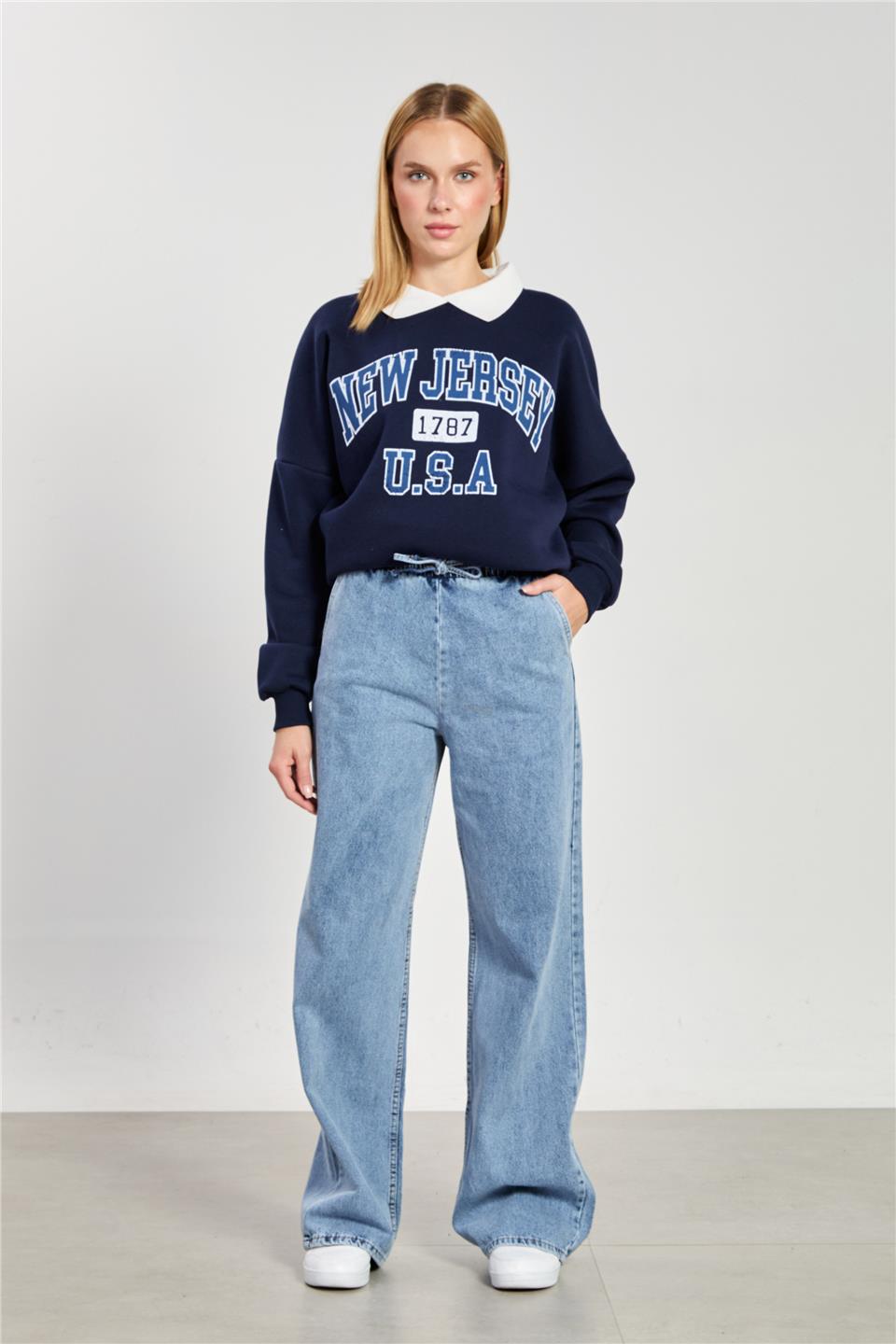 Kadın Beli Lastikli Gabardin Bol Pantolon - Mavi Kar