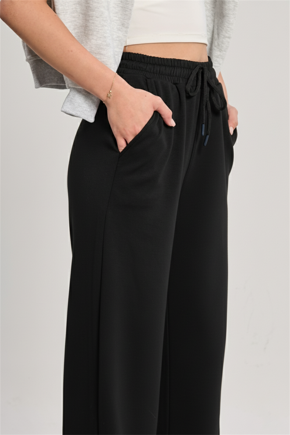 Beli Lastikli Modal Bol Paça Pantolon - Siyah