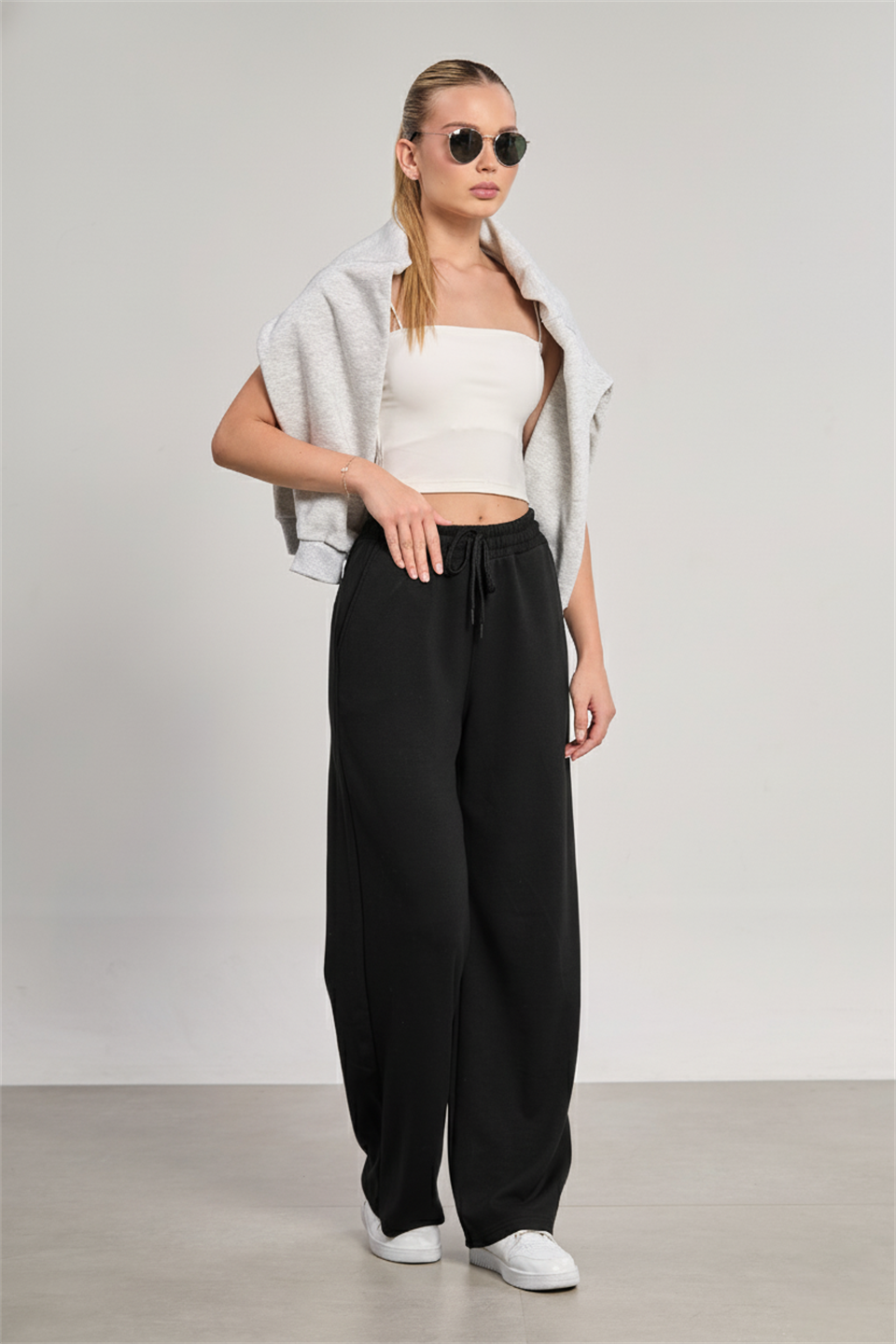 Beli Lastikli Modal Bol Paça Pantolon - Siyah